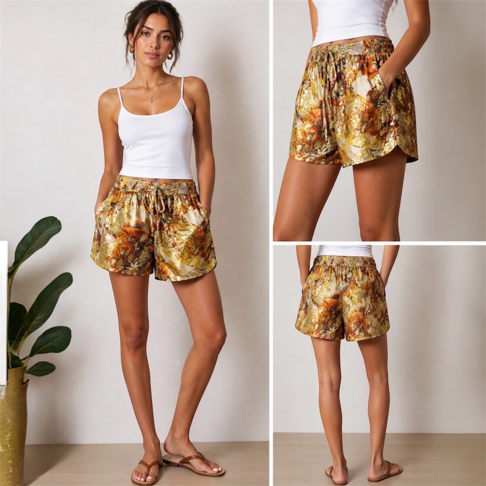 Topshop Gold Metallic Floral Shorts Silk Lined HighWaist Pockets 6 Boho Festival